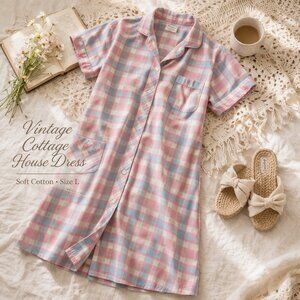 Vintage Penneys Culotte Plaid House Dress Cotton Shirt Dress Pink Blue L
